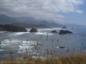 Views of Cannon Beach from a viewpoint at the Ecola Point area of Ecola State Park, Oregon