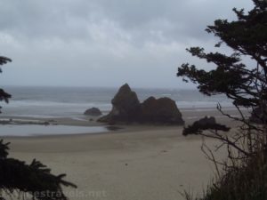 Looking down on Lion Rock at low tide on Arcadia Beach, Oregon