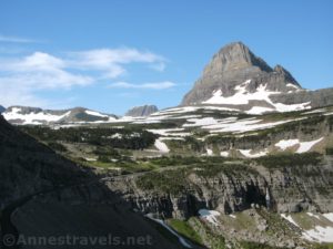 Views back toward Logan Pass and Reynolds Mountain from a cliff section of the Highline Trail, Glacier National Park, Montana