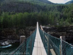 Crossing the Swinging Bridge at Kootenai County Park near Libby, Montana