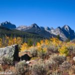 The Sawtooth Mountains and autumn aspen trees from the trail to Thompson Peak, Sawtooth National Recreation Area, Idaho